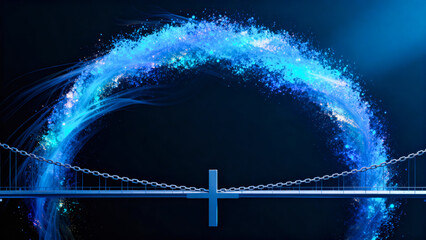 Vibrant arc of glowing blue particles rises above a sleek suspension bridge, symbolizing data flow, digital connectivity, and futuristic technology.