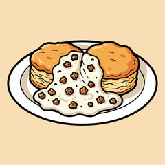 Cartoon illustration of two fluffy golden biscuits covered in creamy white sausage gravy on a white plate, a classic breakfast dish.