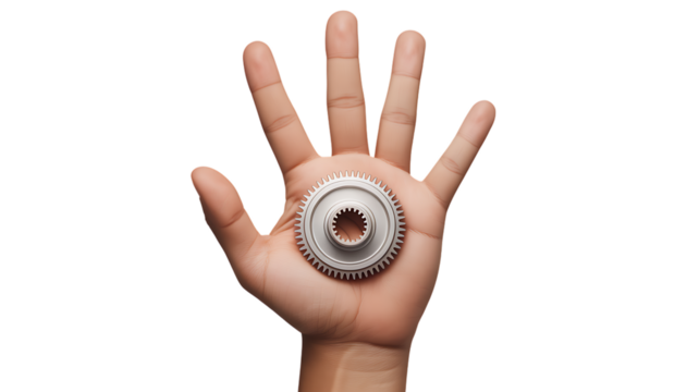 A hand holding a silver gear on a transparent background