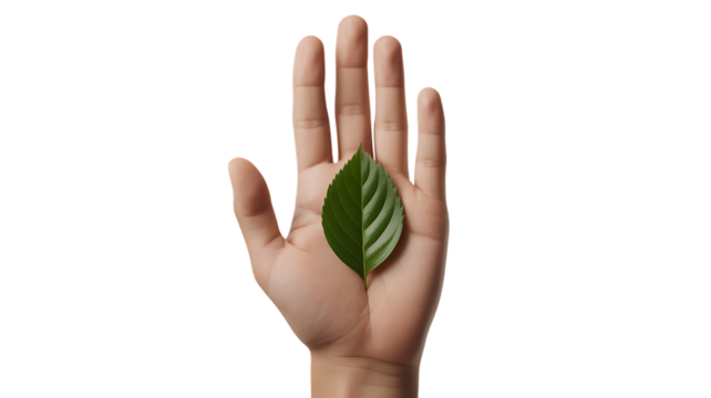 A hand holding a green leaf on a transparent background - Powered by Adobe
