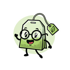 A cheerful cartoon tea bag character with glasses, waving happily, against a light green circular background.