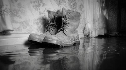 Old boots stand in shallow water in a deserted room with floral wallpaper, reflecting a sense of abandonment and nostalgia during a rainy day