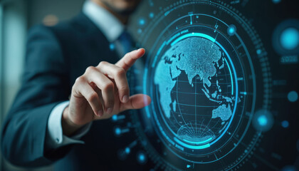 Businessman interacting with futuristic digital globe interface. He touches virtual screen showing planet earth data. Global network connection and cyber tech.