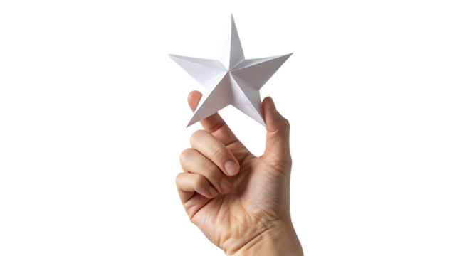 A hand holding a white origami star on a transparent background - Powered by Adobe