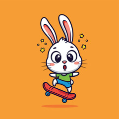 A cute cartoon white rabbit with big eyes and a surprised expression skateboarding on a red board against a vibrant orange background with yellow stars.