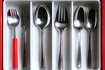 Organized drawer with stainless steel utensil set and white divider, red handle accent adds bold contrast and tidy kitchen feel