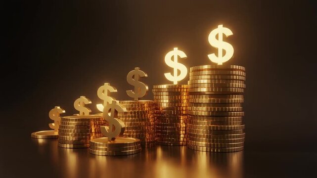 Golden dollar signs atop stacks of coins, symbolizing financial growth and investment success.