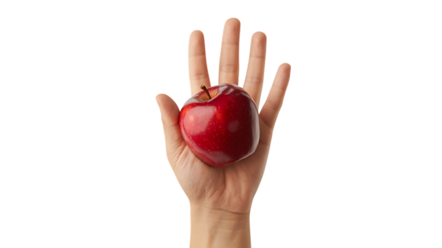 A shiny red apple held in a caucasian hand on a transparent background