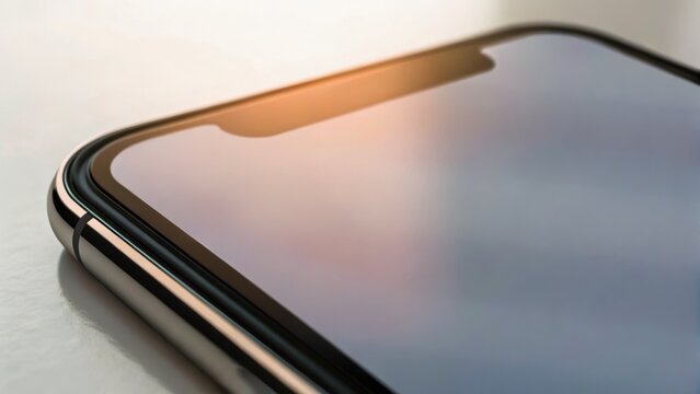 Close-up of a smartphone screen showcasing its edge and reflective surface, emphasizing modern technology and design.