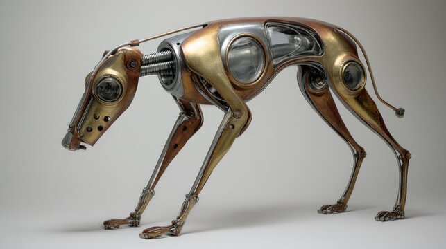 Unique robotic dog sculpture made with metallic parts showcases creativity and engineering skills in art