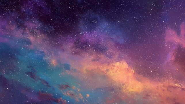 Colorful night sky filled with stars and cosmic clouds over a tranquil landscape