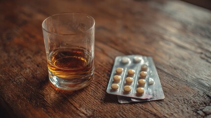 Glass of whiskey beside a blister pack of pills on a wooden table in a dimly lit setting during evening hours