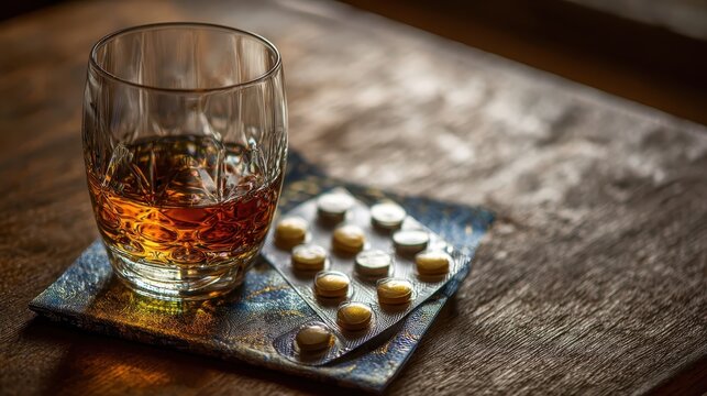 Glass of whiskey and a pack of pills on a wooden table create a contrasting scene of relaxation and caution during evening hours