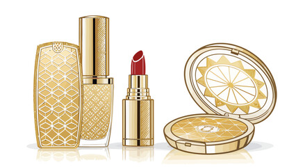 Elegant golden cosmetic collection with lipstick, foundation, and powder compact brings luxurious beauty and sophistication for beauty product advertising