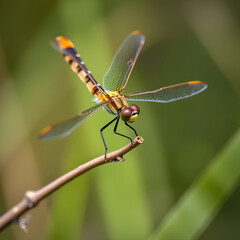 A female Keeled Skimmer Dragonfly - Orthetrum Coerulescens, perched on a twig in its natural environment. Macro photo, selective shallow focus for effect.