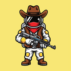 A cartoon astronaut character dressed as a cowboy, wearing a hat and bandana, holding a rifle on a yellow background.