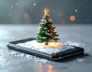 Miniature Christmas tree on a smartphone screen, surrounded by snow and sparkling lights