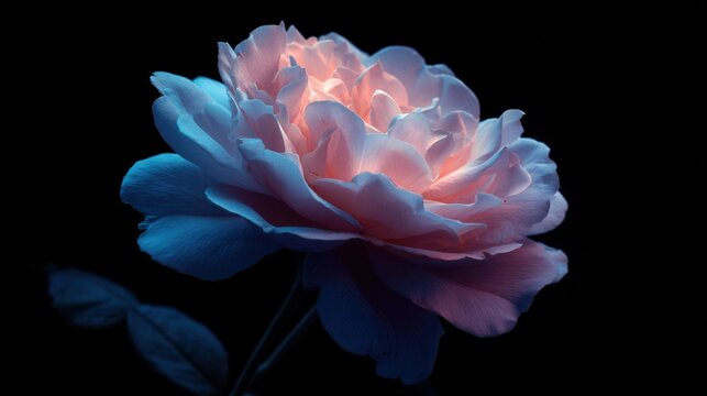 Delicate pink and blue rose illuminates softly against a dark background showcasing nature's beauty and elegance in unique light