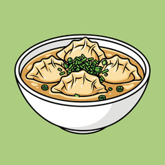 A cartoon illustration of four dumplings in a bowl of broth topped with fresh green onions, presented on a light green background.