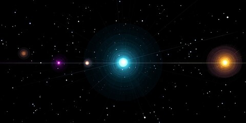 Glowing planets and stars in deep space nebula galaxy