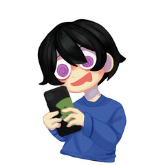 Cartoon Style Illustration of Boy with Swirling Eyes Using a Mobile Phone