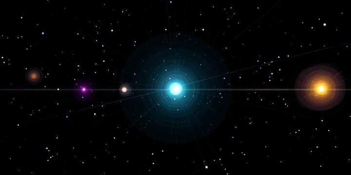 Glowing planets and stars in deep space nebula galaxy