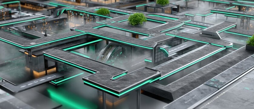 Isometric circuit grid with elevated neon tracks and eco-green accents in fog