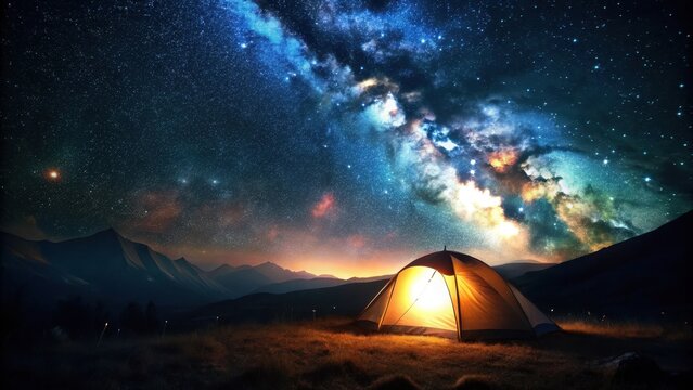 Heres the generated output  A magical glow emanates from a secluded camping tent under a starry night sky