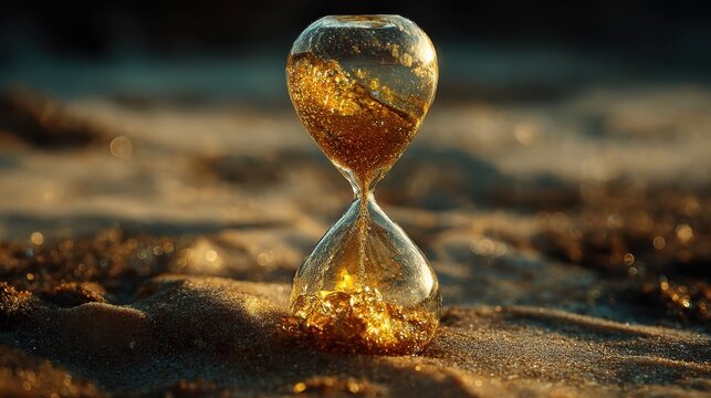 Hourglass filled with shimmering gold sand resting on the beach at sunset with gentle waves in the background - Powered by Adobe