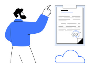 Person gesturing toward a signed agreement on clipboard with digital storage cloud at bottom. Ideal for business, agreement, legal, contract, digital storage, communication, workflow. Simple flat