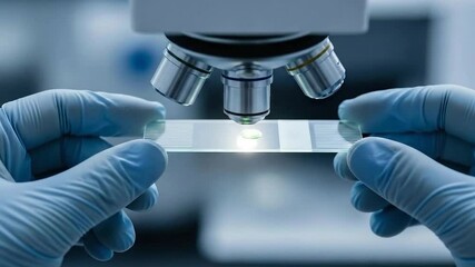 Close Up of Hands in Blue Gloves Placing Glass Slide Under Microscope for Scientific Research in Light Blue and White Toned Laboratory Interior Setting at Eye Level - Powered by Adobe