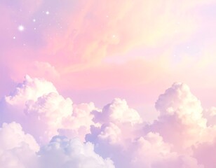 Soft pink, purple, and yellow clouds fill the sky with faint stars