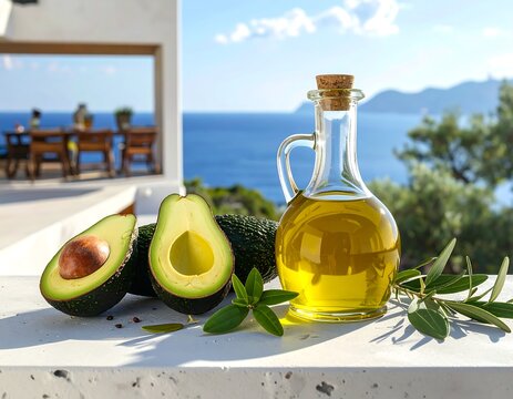 Fresh avocados and olive oil bottle near seaside view with sun