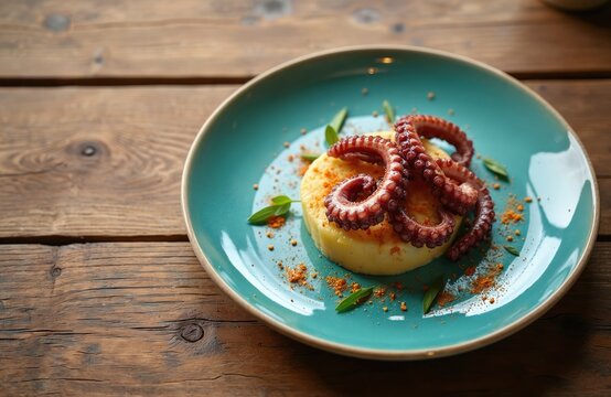 Cooked octopus tentacles with mashed potatoes on turquoise plate. Traditional Galician dish Spanish seafood meal with paprika. Gourmet appetizer served on rustic wooden table for dinner lunch with