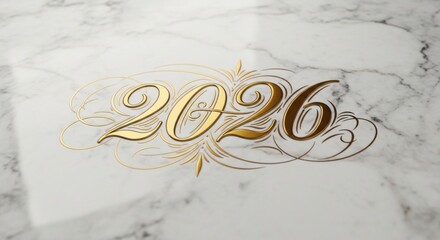 Elegant golden 2026 design for luxurious new year greetings or chic event invitations on a marble backdrop, perfect for stylish celebrations