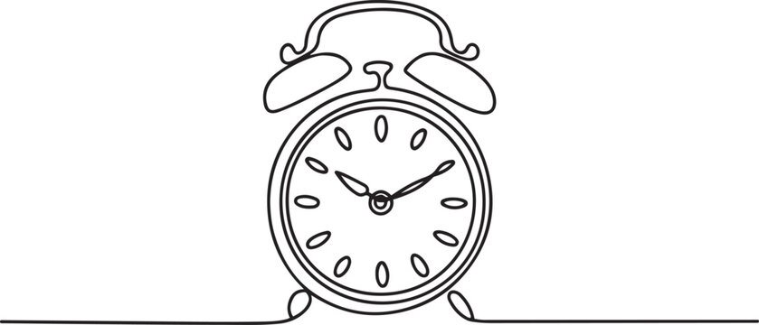 Continuous one line drawing of vintage alarm clock vector design, Clock drawn symbol. One line art continuous icon. one line Icon drawing with white background