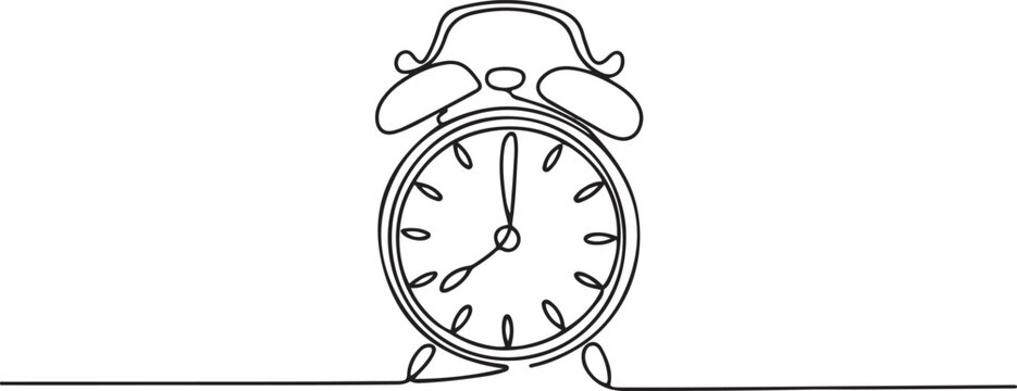 Continuous one line drawing of vintage alarm clock vector design, Clock drawn symbol. One line art continuous icon. one line Icon drawing with white background