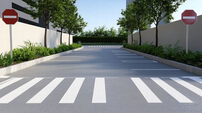 Parking lot pedestrian crossing and stop signs create safe access with landscaped islands and marked lanes