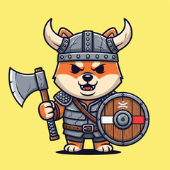 Cute cartoon Shiba Inu dog dressed as a Viking warrior, holding an axe and a shield, with a horned helmet and armor on a yellow background.