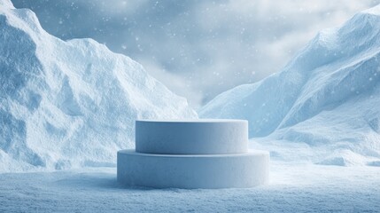 Snowy mountain landscape with circular structure under gray clouds and falling snow in a winter atmosphere
