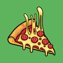A cartoon illustration of a delicious pepperoni pizza slice with abundant melted cheese stretching upwards, set against a vibrant green background.