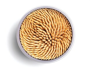 Overhead shot of a circular container filled with wooden toothpicks. White background