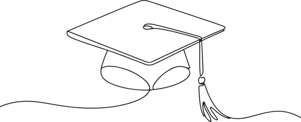 One continuous line drawing of graduation hat. Concept of student of university college and school. Doodle vector illustration. one line Icon drawing with white background