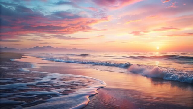 Soothing soft pastel waves gently caress a serene shoreline at sunset