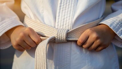 A close-up of hands tying a white belt on a martial arts uniform, symbolizing discipline and readiness for training or competition.
