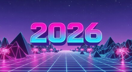 Vibrant 2026 retro neon scene with tropical palms and grid landscape for futuristic designs and new year celebrations, perfect for modern marketing
