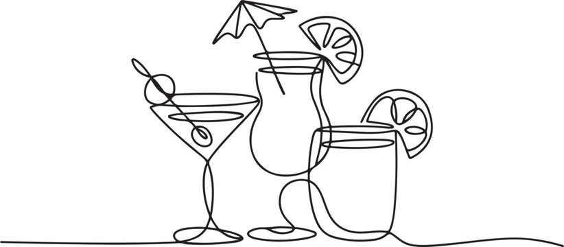 continuous one line drawing of exotic cocktail drinks. Cocktail drink continuous one line drawing. one line Icon drawing with white background