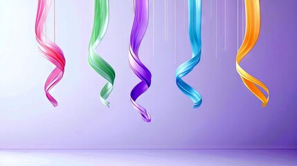 Five colorful ribbons, red, green, purple, blue, and orange, hang twisted from thin white strings against a soft purple background.