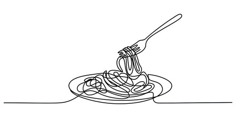 Continuous line drawing of spaghetti and fork on a plate food