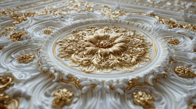 Intricate gold and white decorative ceiling design showcasing detailed floral patterns in an elegant historical building - Powered by Adobe